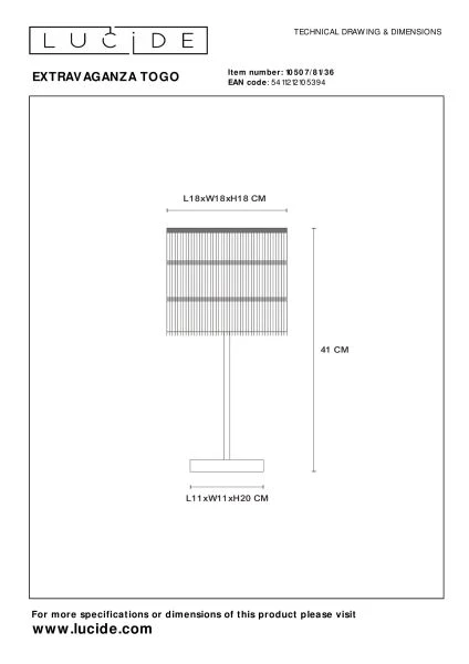 Lucide EXTRAVAGANZA TOGO - Lampe de table - Ø 18 cm - 1xE14 - Gris - technique